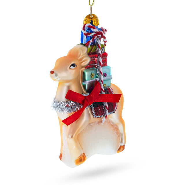 Deer Carrying Gifts Blown Glass Christmas Ornament in Multi color,  shape