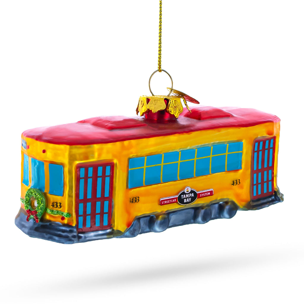 Vintage-Inspired Streetcar Glass Christmas Ornament in Orange color Figurine