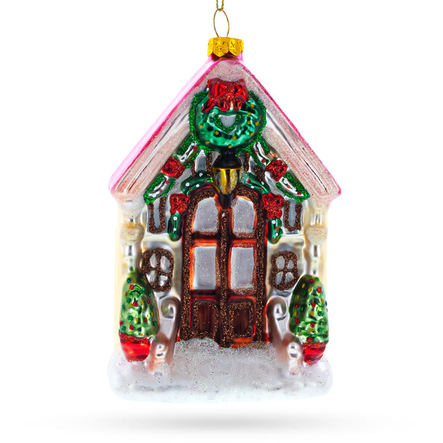 Decorated House Blown Glass Christmas Ornament in  color
