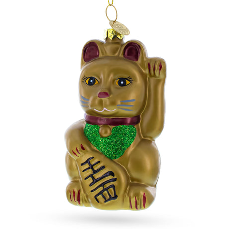 Lucky Cat Blown Glass Christmas Ornament in Gold color,  shape