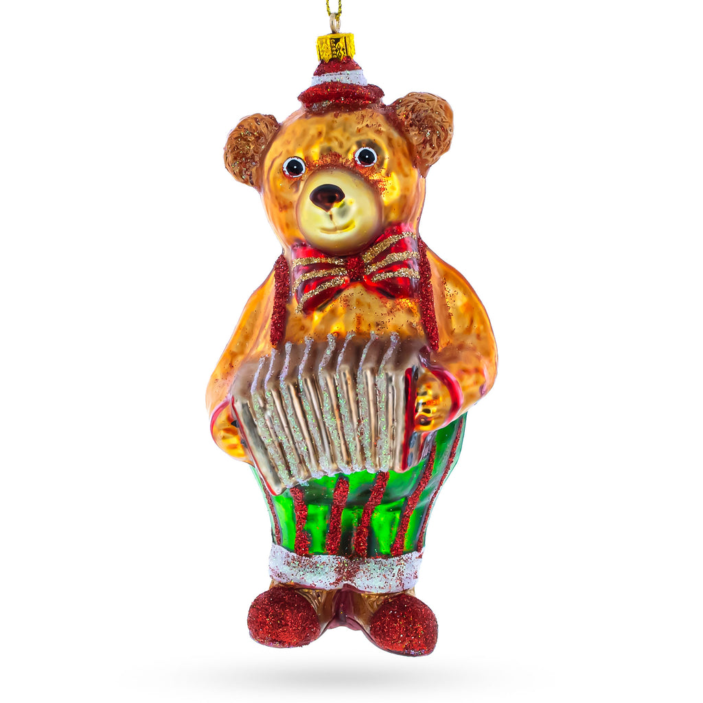 Bear Playing on Accordion Glass Christmas Ornament in Brown color Figurine