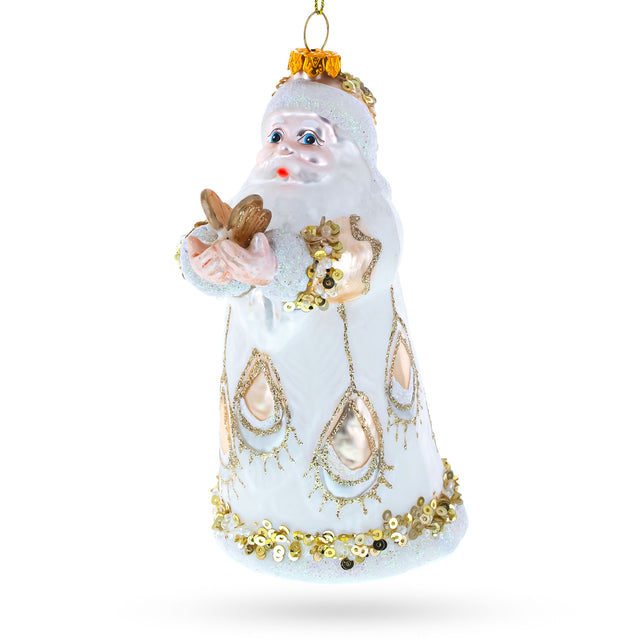 Santa in White Coat Blown Glass Christmas Ornament in White color,  shape