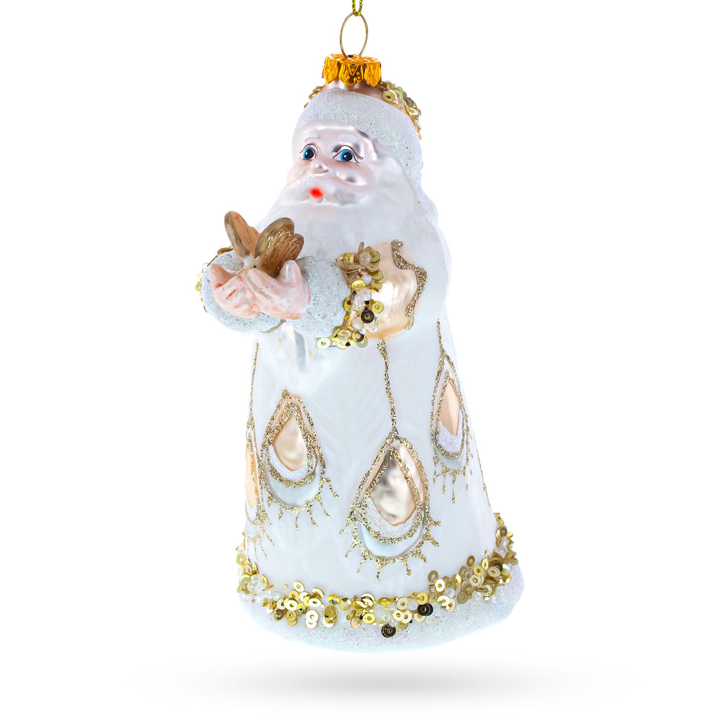 Santa in White Coat Glass Christmas Ornament in White color Figurine