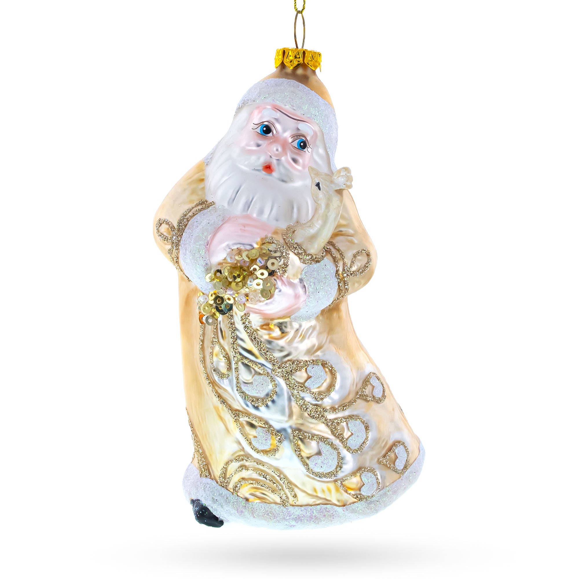 Santa in Golden Coat Glass Christmas Ornament in White color Figurine