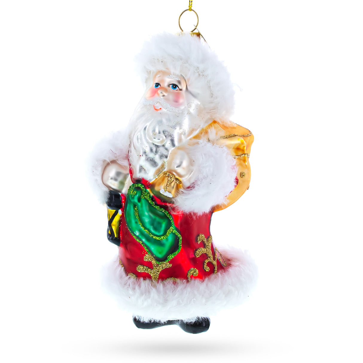 Santa in Fur Coat Blown Glass Christmas Ornament in Multi color,  shape