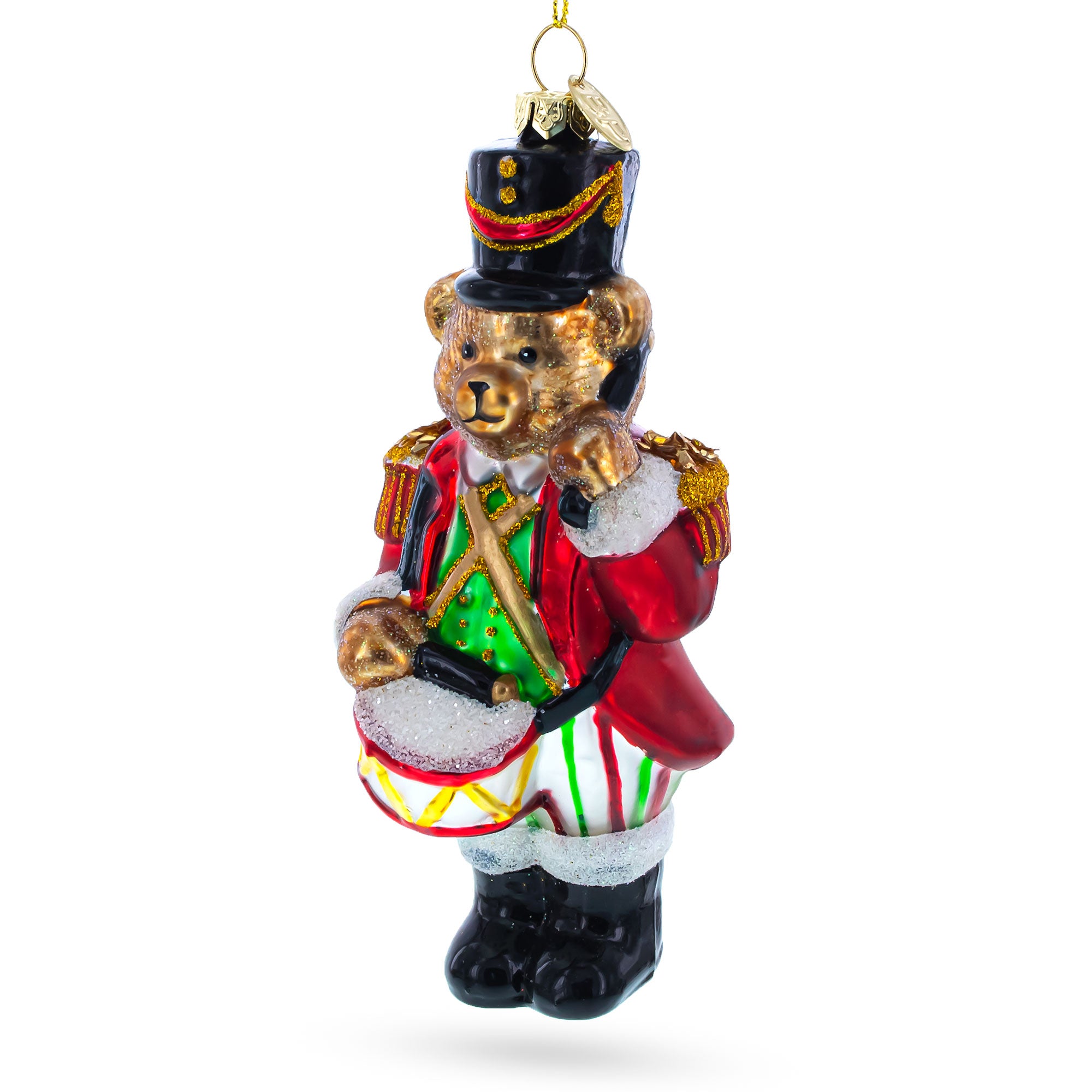 Teddy Bear Drummer Glass Christmas Ornament in Red color Figurine