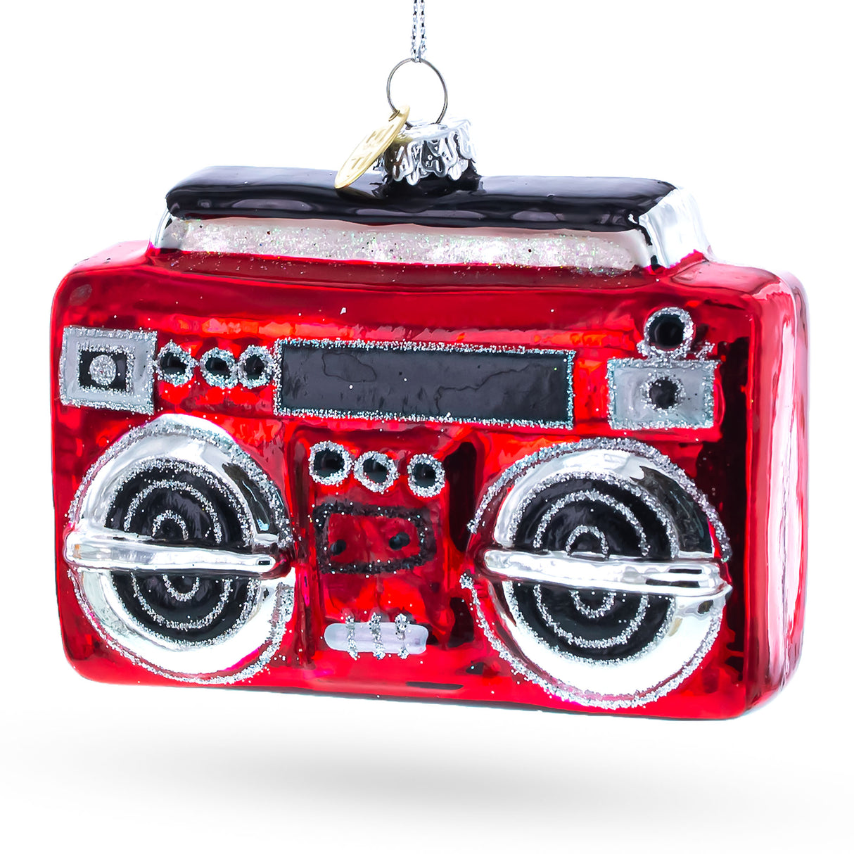 Retro Cassette Player Blown Glass Christmas Ornament in Red color,  shape