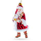 Classic Santa in Fur Coat and Red Hat - Festive Blown Glass Christmas Ornament in Red color,  shape