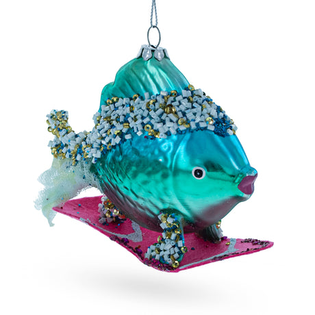 Glass Cool Blue Fish Surfing Wave - Blown Glass Christmas Ornament in Blue color