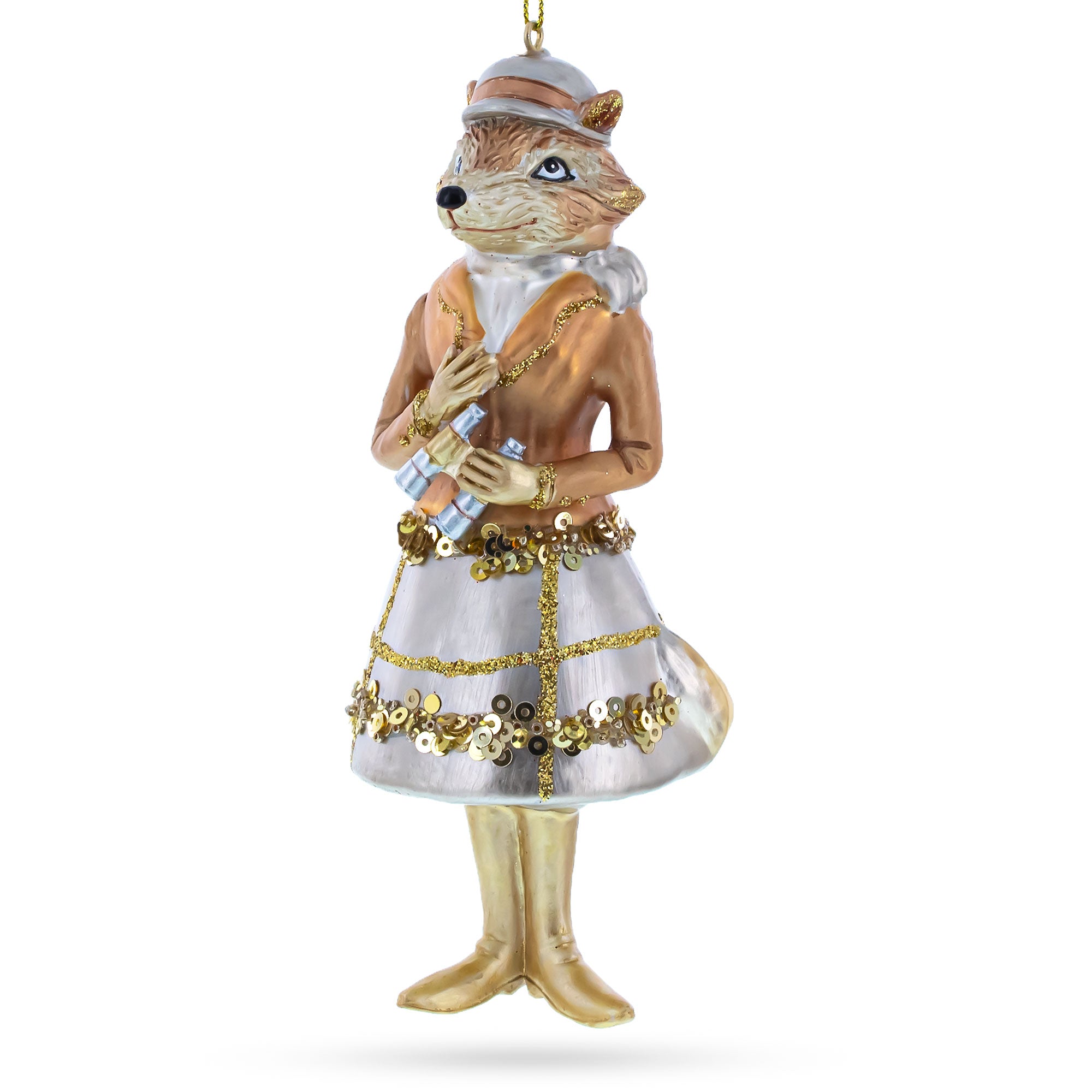 Fox with Binoculars Glass Christmas Ornament in Brown color Figurine