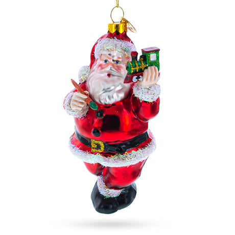 Santa Decorating the Train - Blown Glass Christmas Ornament in Multi color,  shape