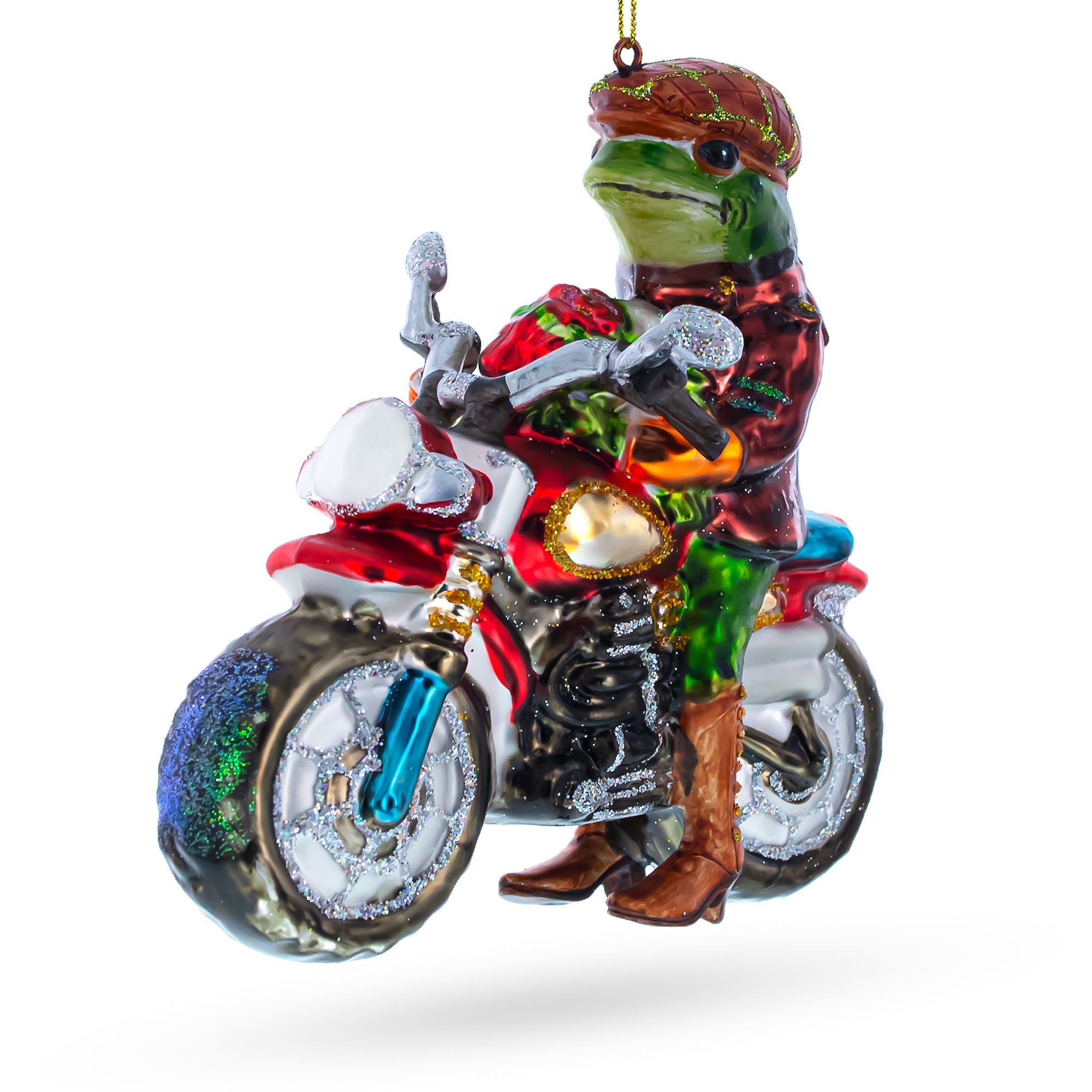 Frog Riding Motorcycle Glass Christmas Ornament in Multi color Figurine