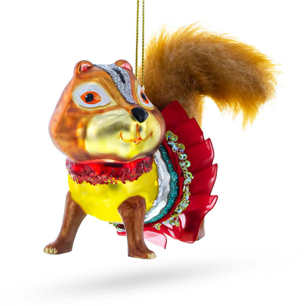 Chipmunk Wearing Dress Glass Christmas Ornament in Multi color Figurine