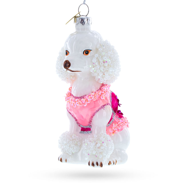 Poodle in Pink Costume Blown Glass Christmas Ornament in Multi color