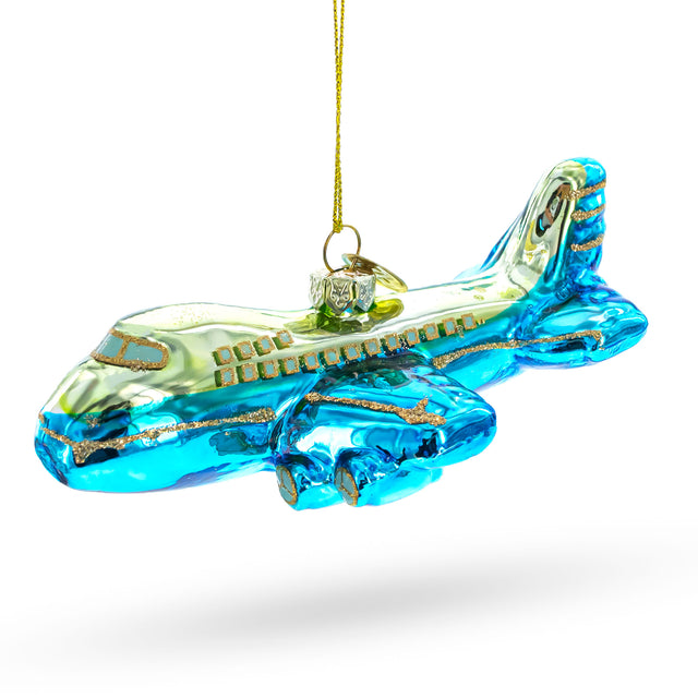 Blue Airplane Blown Glass Christmas Ornament in Blue color,  shape