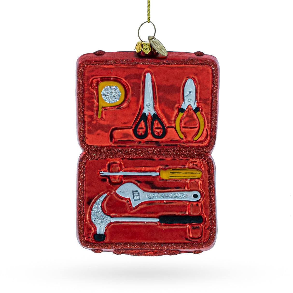 Practical Handyman with Toolbox - Blown Glass Christmas Ornament in Red color,  shape