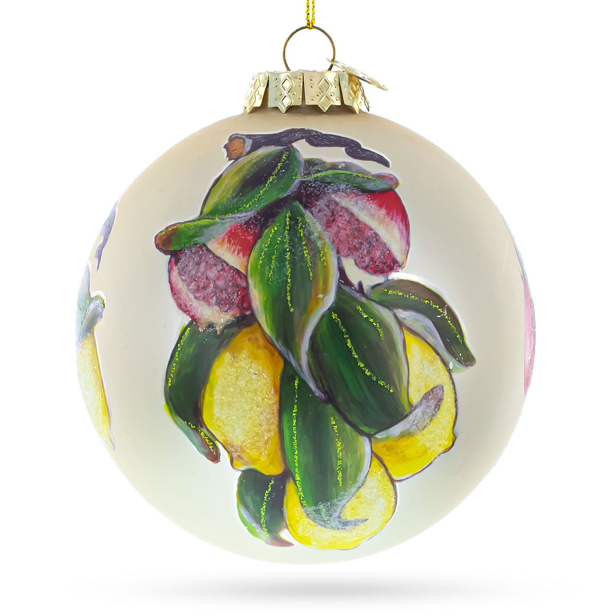 Lemons and Pomegranate on a Branch  - Blown Glass Christmas Ornament in Multi color,  shape