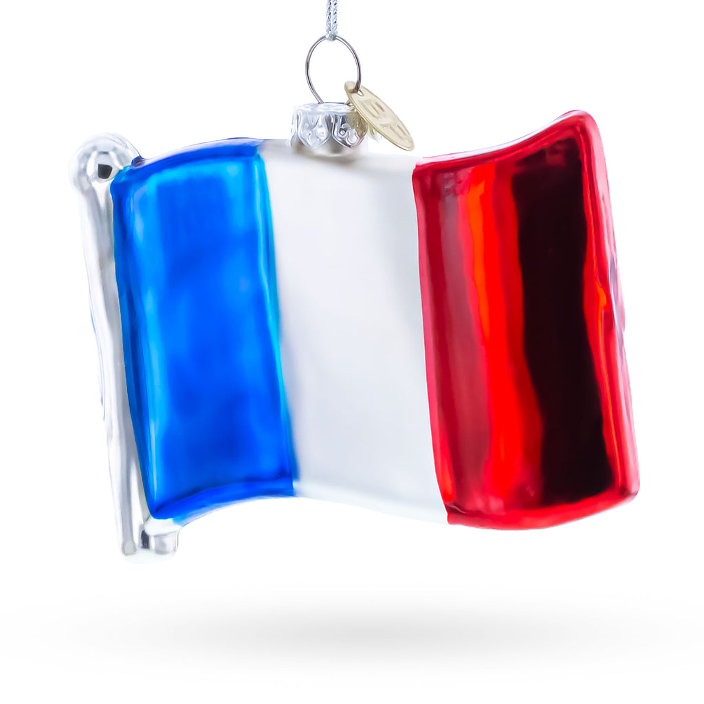 Waving Flag of France Glass Christmas Ornament in Multi color Figurine