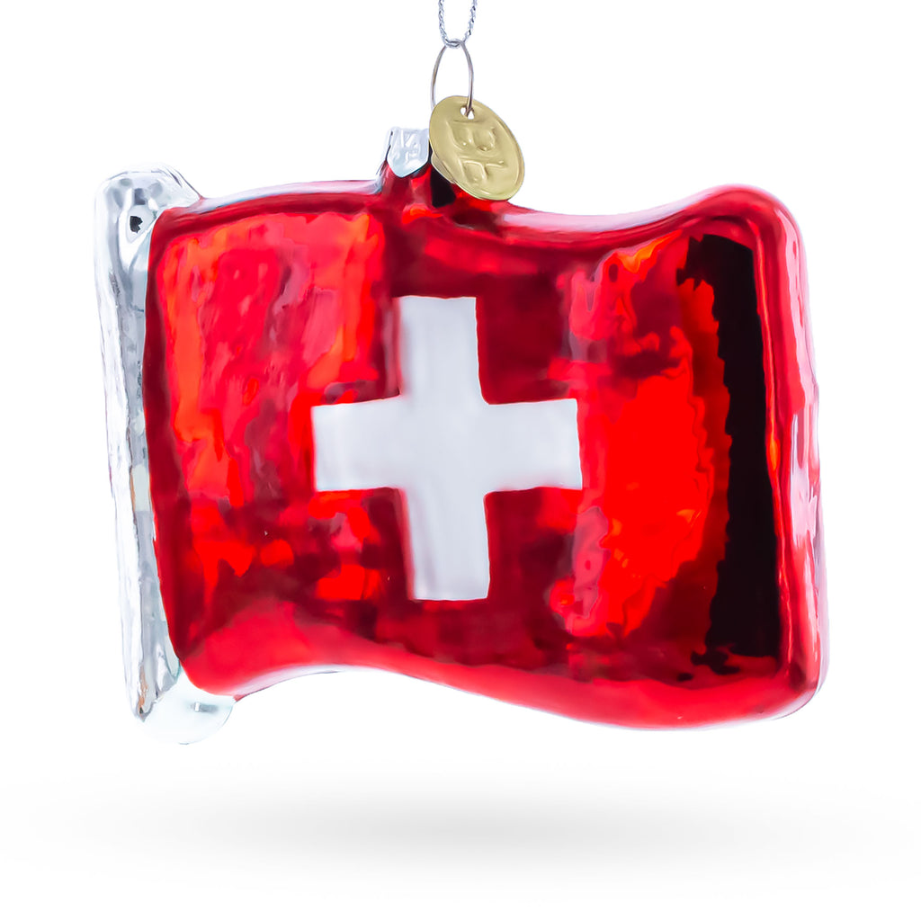 Waving Flag of Switzerland Glass Christmas Ornament in Multi color Figurine