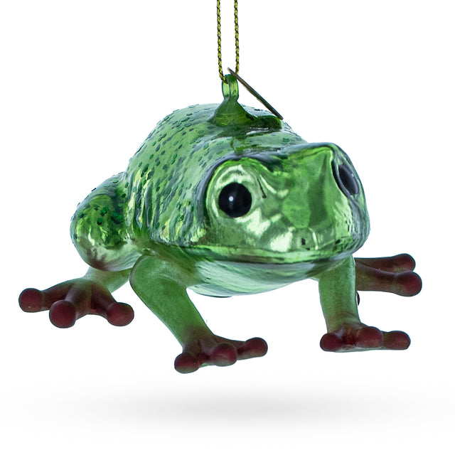 Lively Green Frog - Blown Glass Christmas Ornament in Green color,  shape