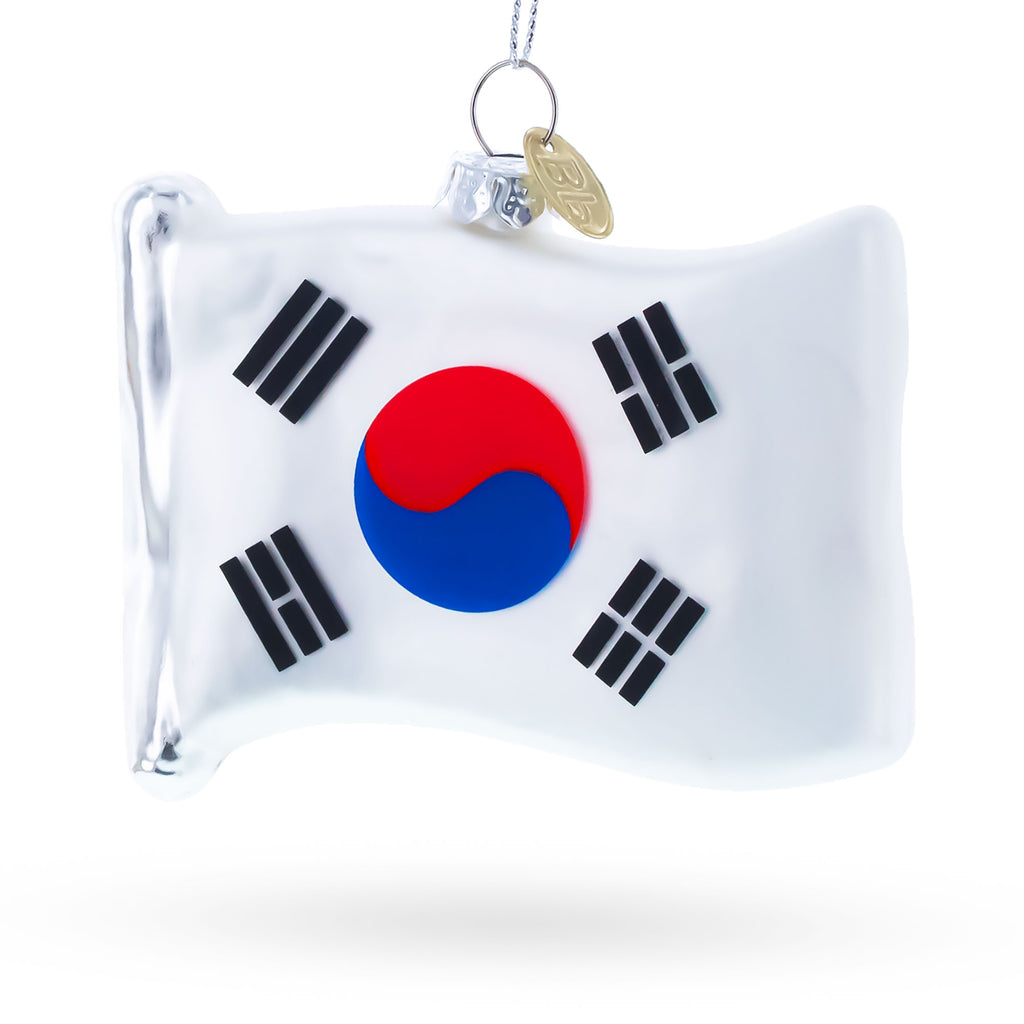 Waving Flag of South Korea Glass Christmas Ornament in Multi color Figurine