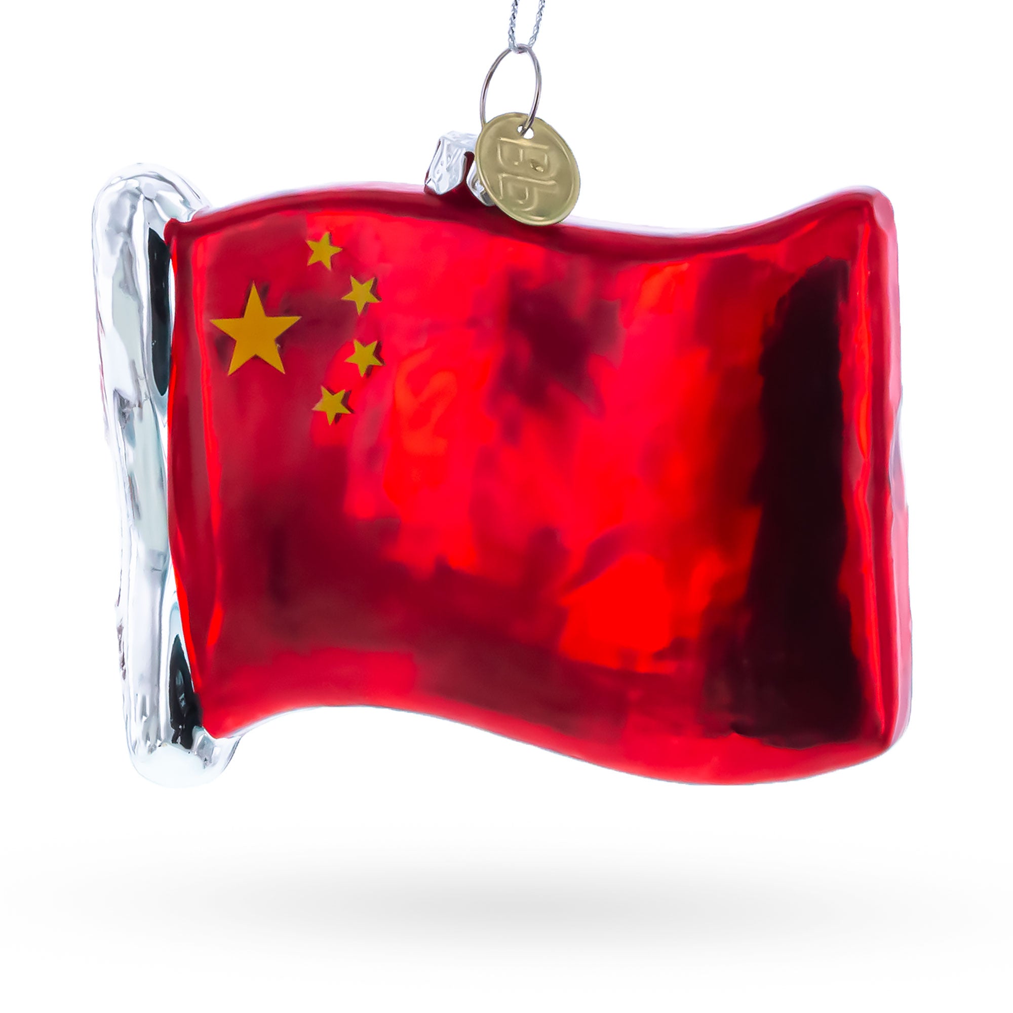 Waving Flag of China Glass Christmas Ornament in Red color Figurine