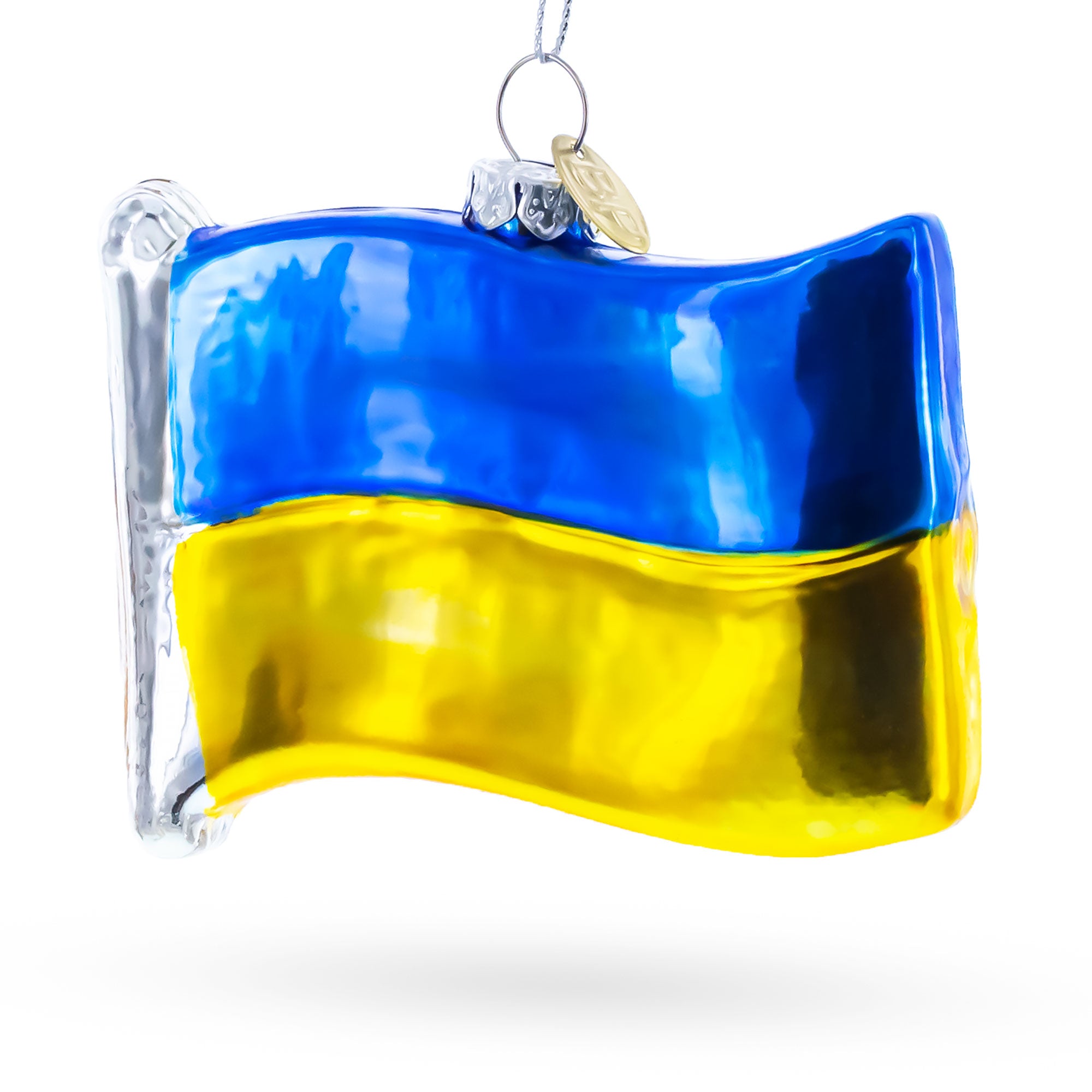 Waving Flag of Ukraine Glass Christmas Ornament in Multi color Figurine