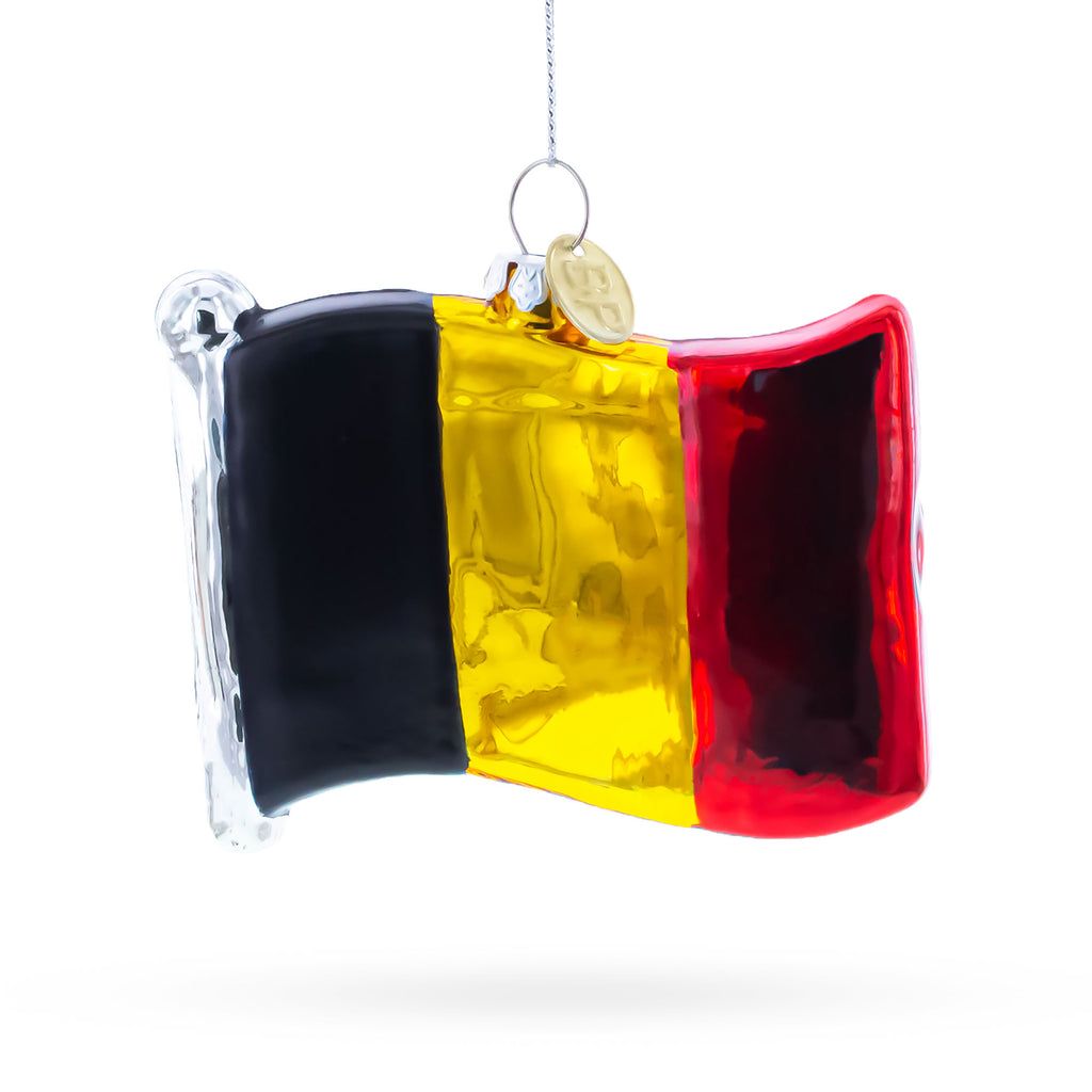 Waving Flag of Belgium Glass Christmas Ornament in Multi color Figurine