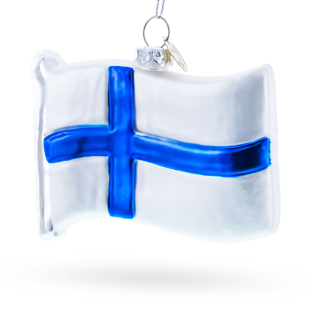 Waving Flag of Finland Glass Christmas Ornament in Multi color Figurine