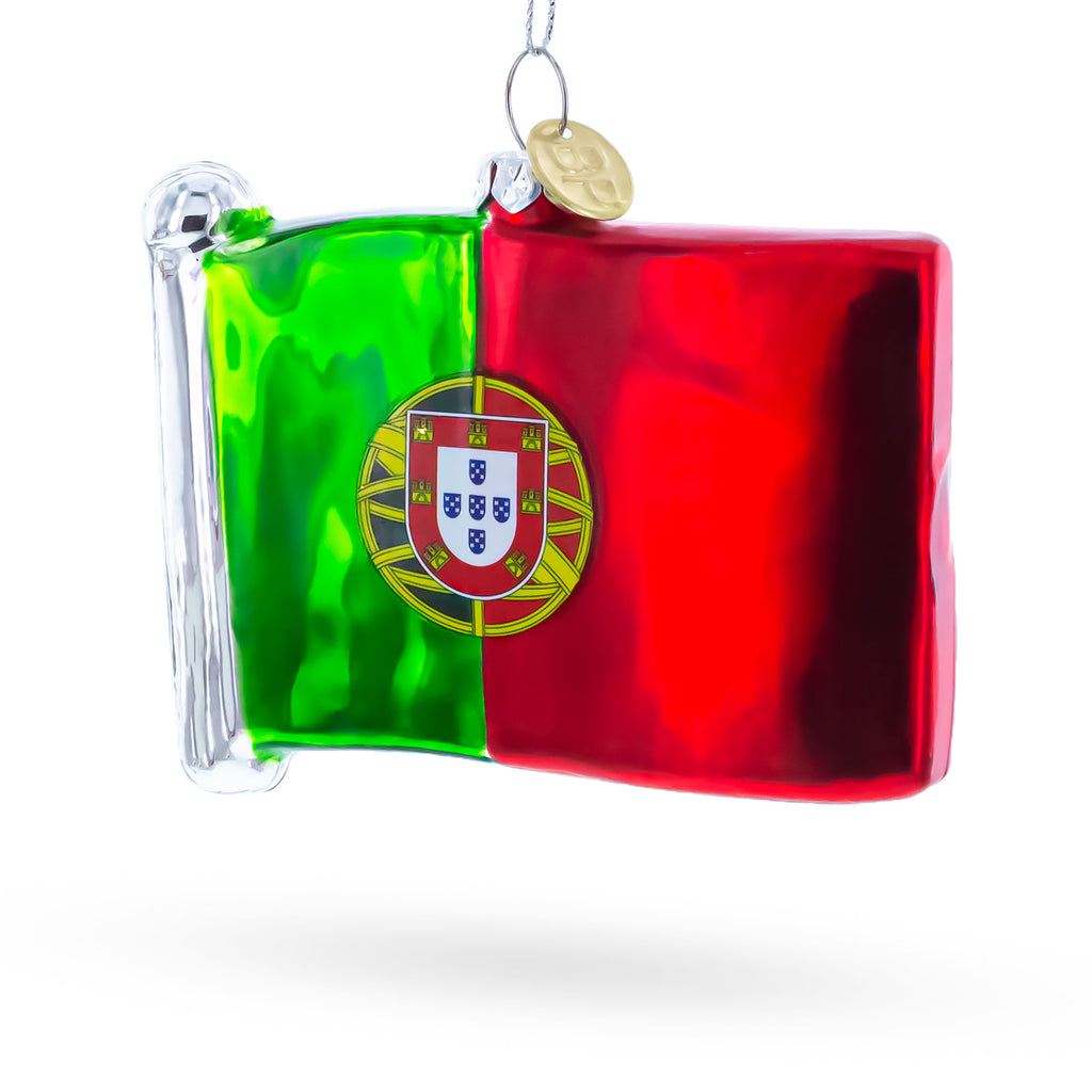 Waving Flag of Portugal Glass Christmas Ornament in Multi color Figurine