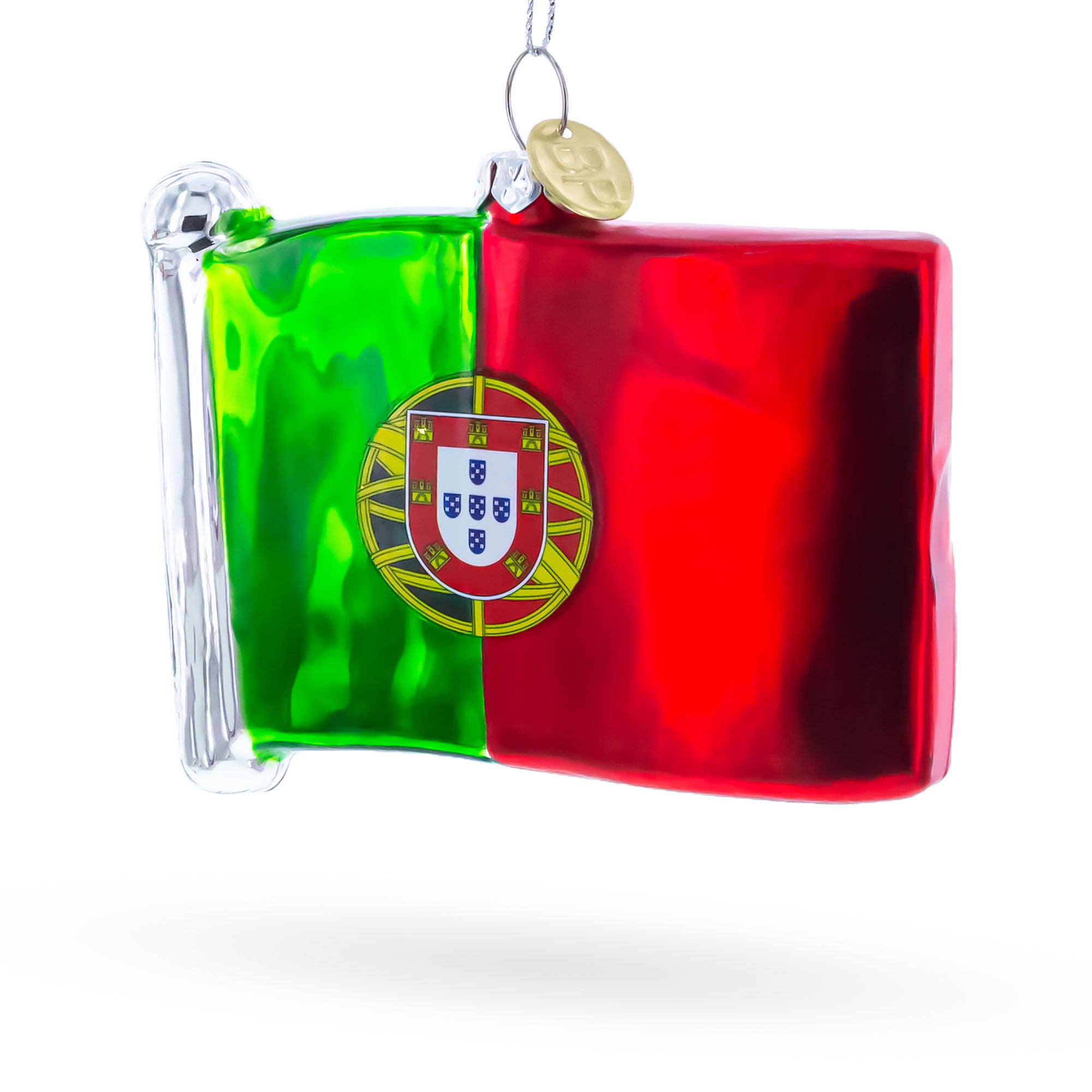 Waving Flag of Portugal Glass Christmas Ornament in Multi color Figurine