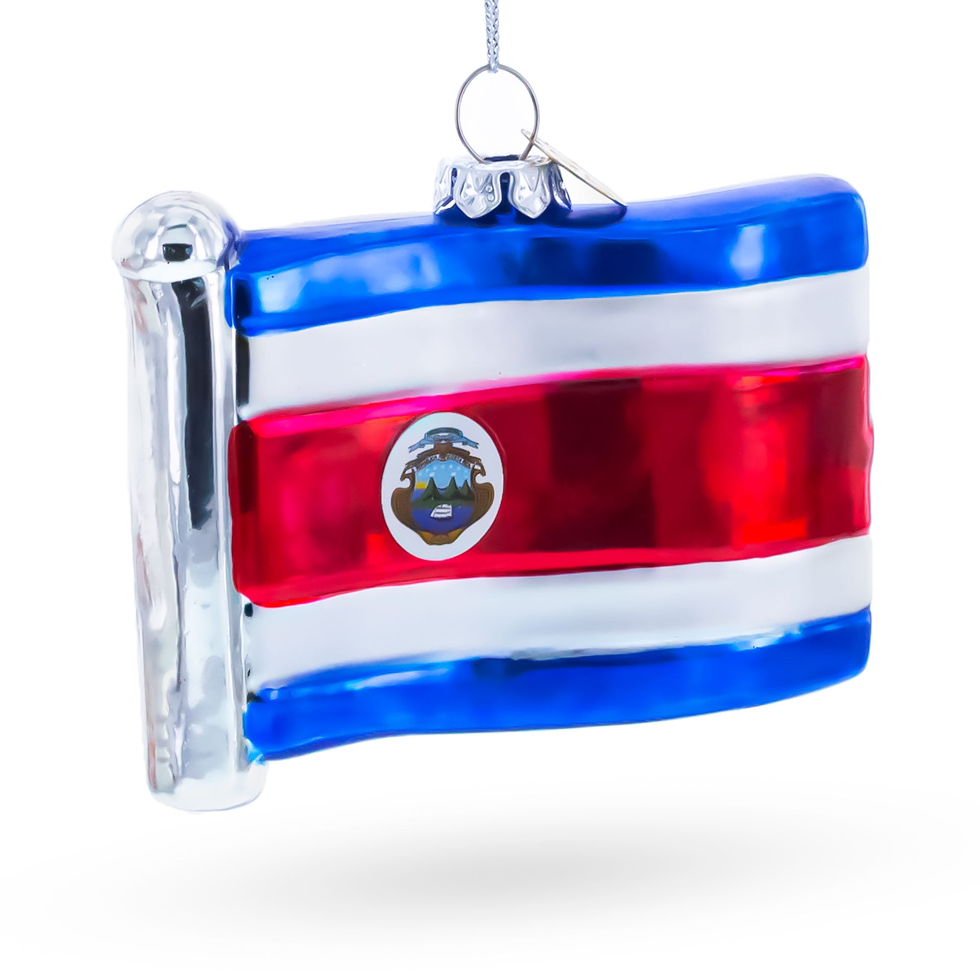 Waving Flag of Costa Rica Glass Christmas Ornament in Multi color Figurine