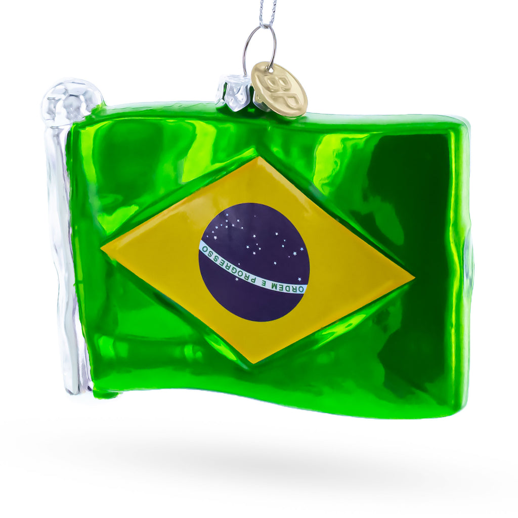 Waving Flag of Brazil Glass Christmas Ornament in Multi color Figurine