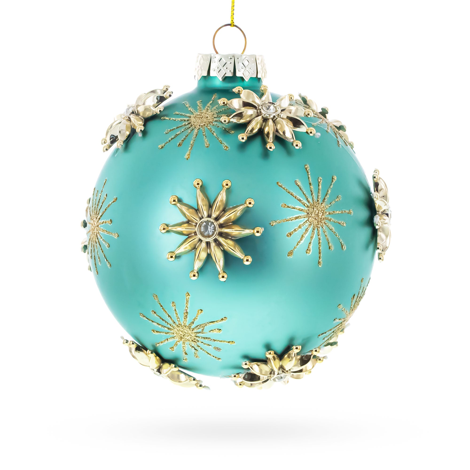 Gold Starburst Design with Elegant Matte Finish Glass Ball Christmas Ornament in Green color Round