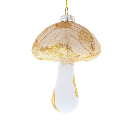 Gold Glitter Mushroom Glass Christmas Ornament in Beige color