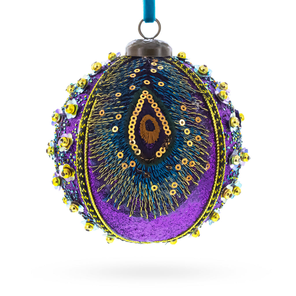 Peacock-Inspired Purple and Gold with Sequins Glitter Ball Christmas Ornament in Purple color Round