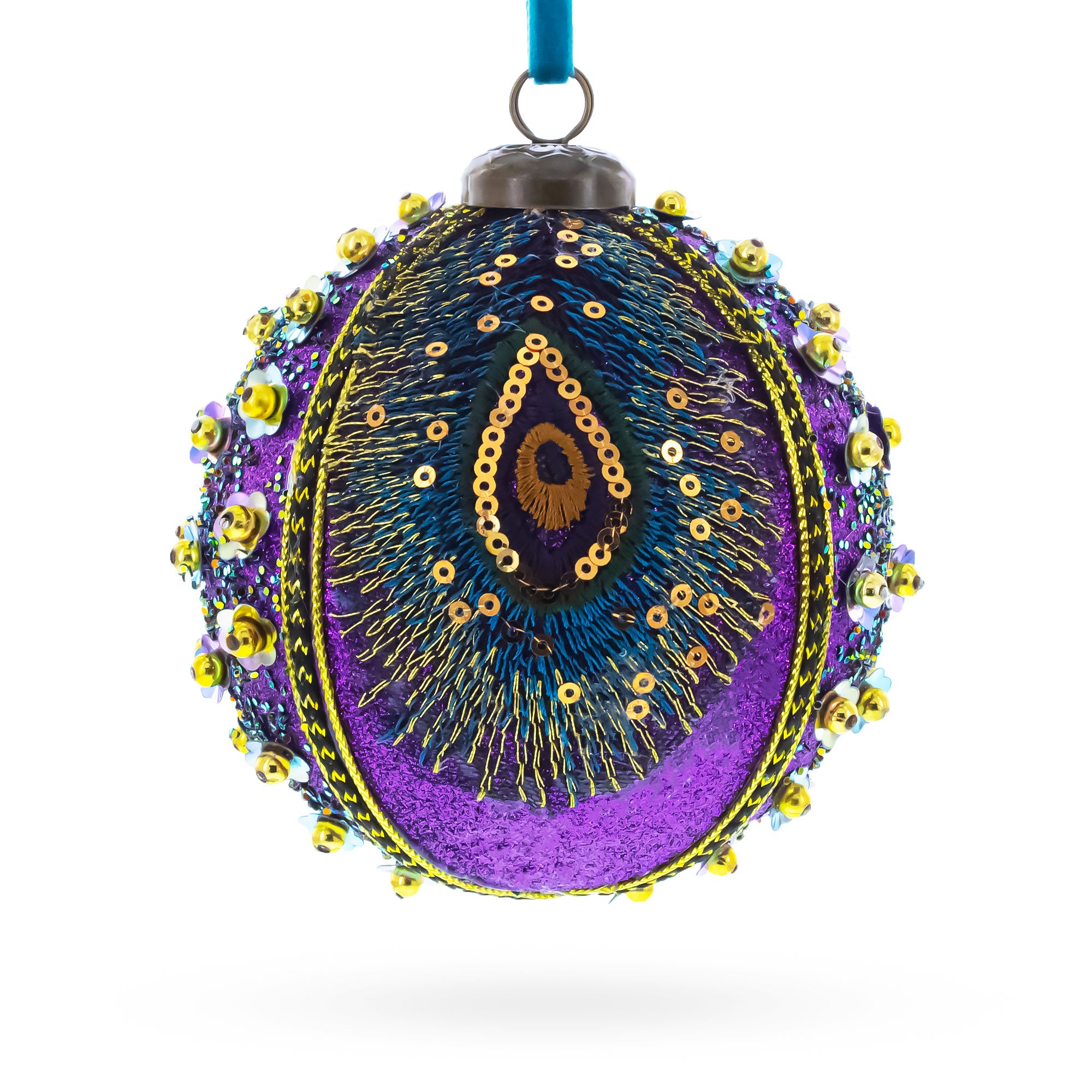Peacock-Inspired Purple and Gold with Sequins Glitter Ball Christmas Ornament in Purple color Round