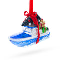 Boat with Tree and Present Glass Christmas Ornament in Multi color Figurine