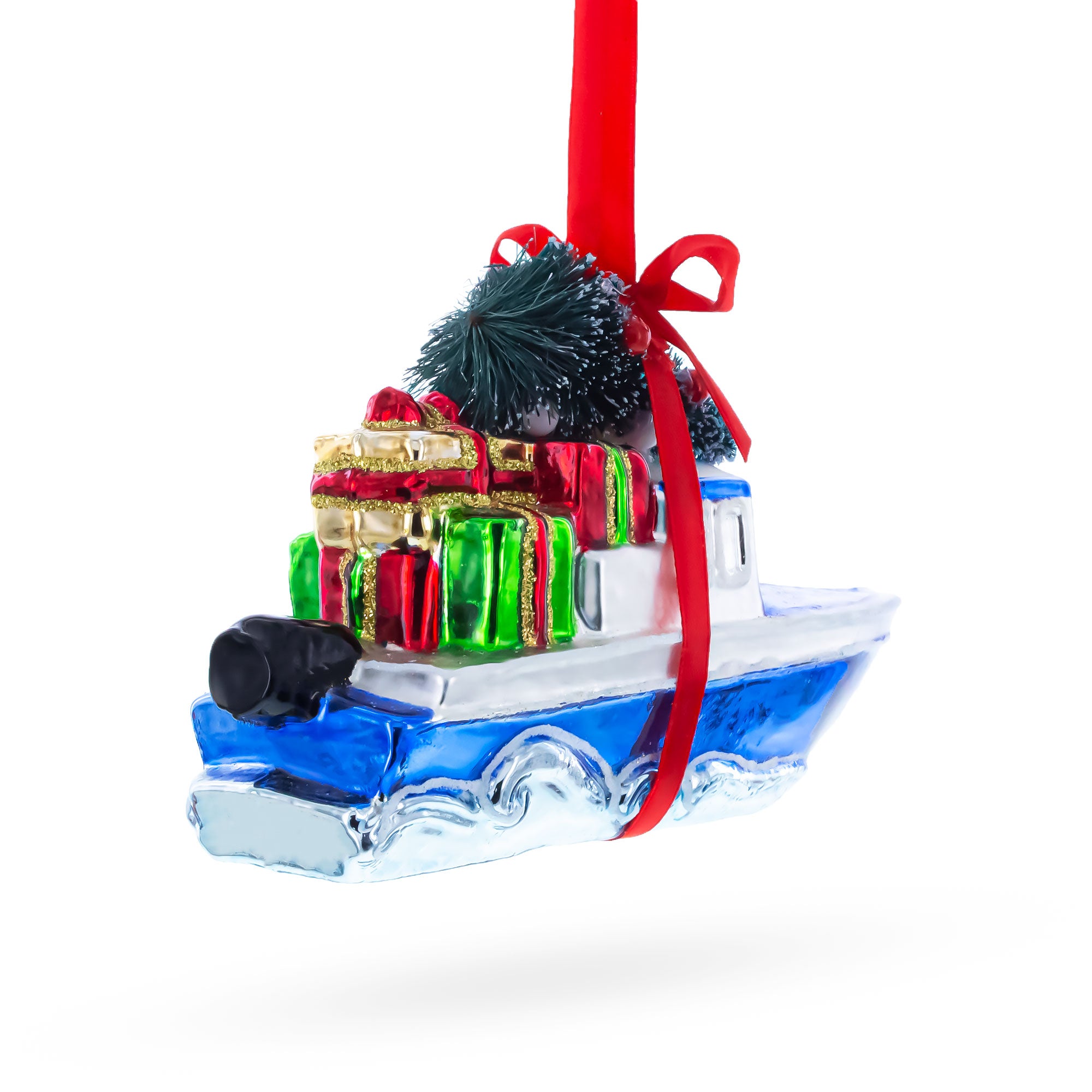 Boat with Tree and Present Glass Christmas OrnamentChina , dimensions in inches:  x  x
