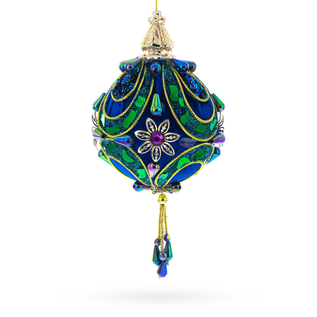Royal Blue Jeweled  Gold Filigree Accents and Tassels Christmas Ornament in Blue color Figurine
