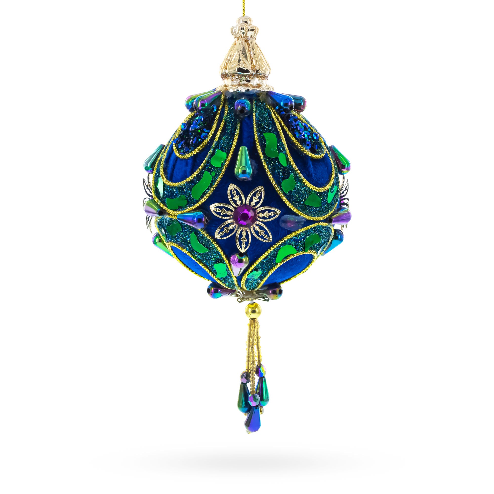 Royal Blue Jeweled  Gold Filigree Accents and Tassels Christmas Ornament in Blue color Figurine