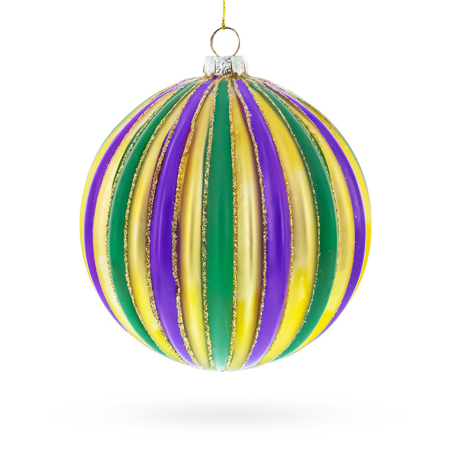 Striped Purple, Green, and Gold Glass Ball Christmas Ornament in Multi color