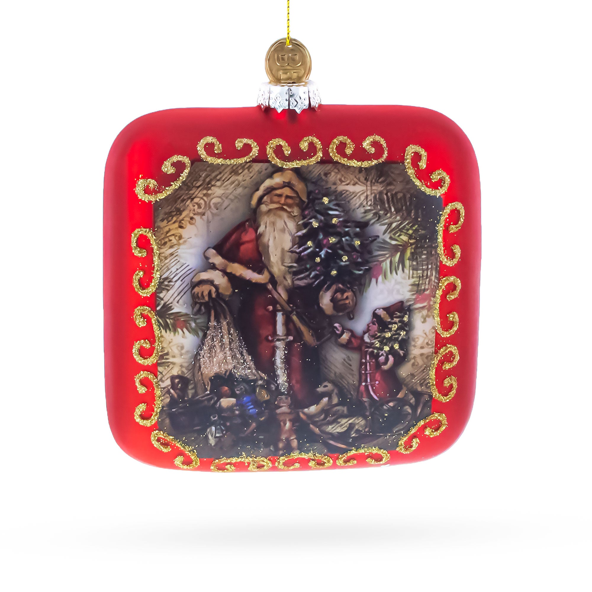 Vintage Santa Scene Glass Christmas Ornament in Multi color Figurine
