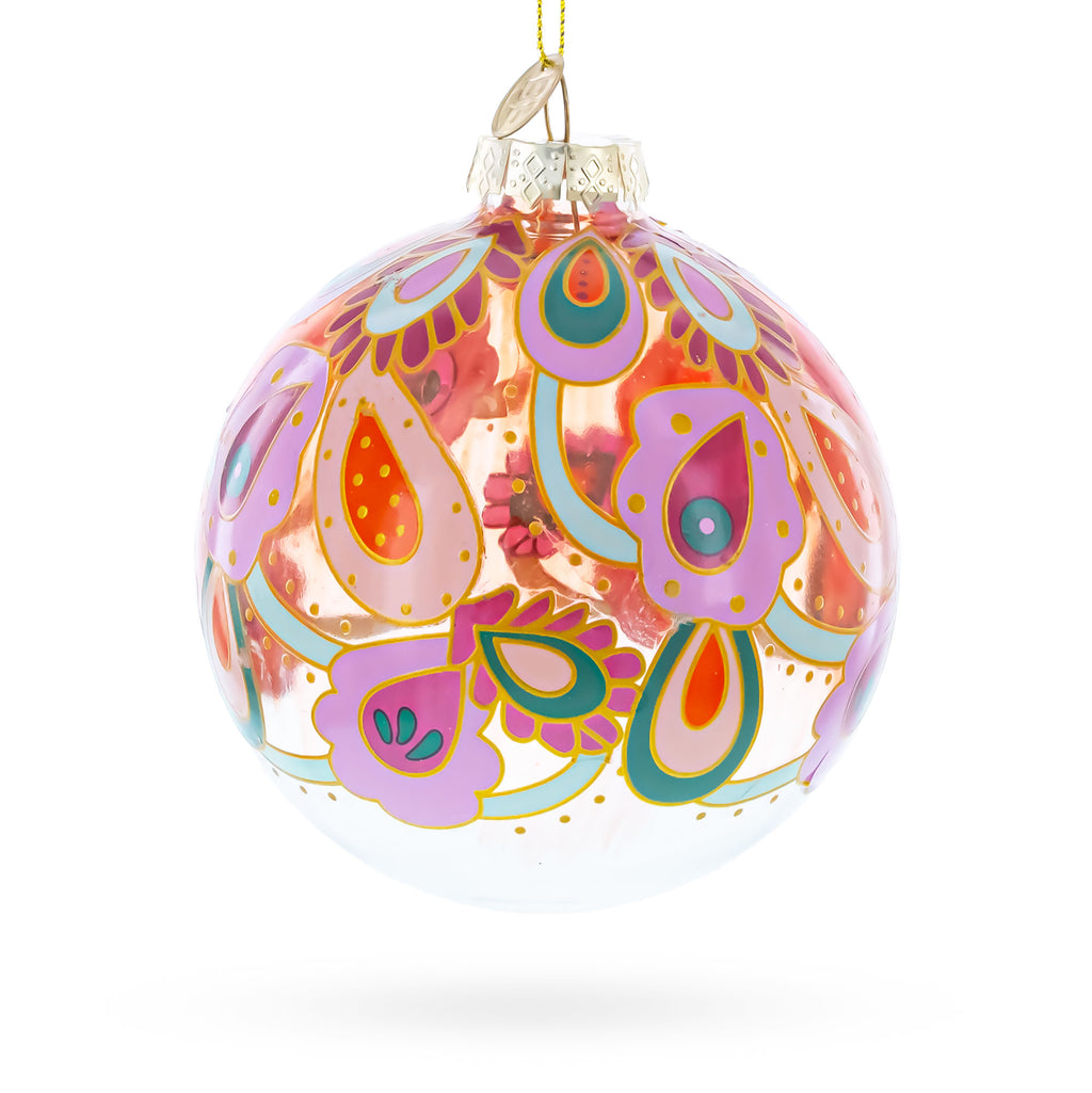 Bohemian Paisley Design Floral Glass Ball Christmas Ornament in Multi color Round