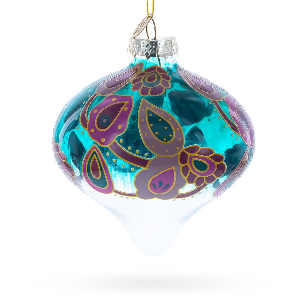 Teal Paisley Onion Shape Finial Glass Christmas Ornament in Multi color Finial