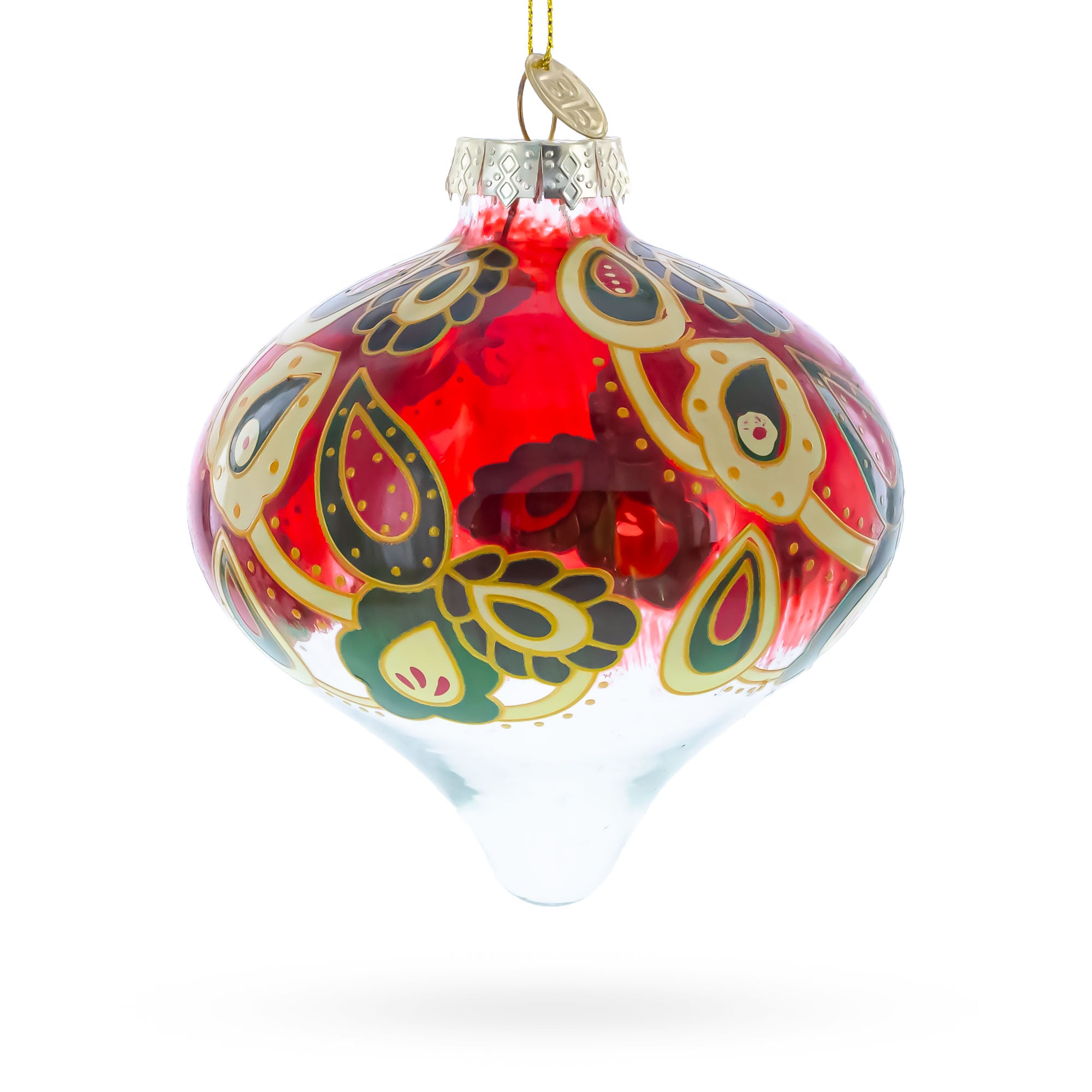 Red Paisley Onion Shaped Finial Glass Christmas Ornament in Multi color Finial