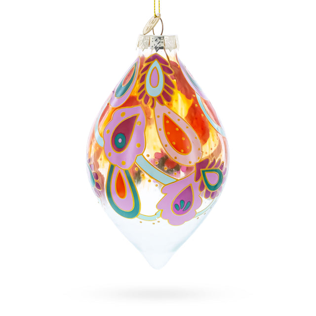 Copper Paisley Teardrop Glass Christmas Ornament in Multi color Finial