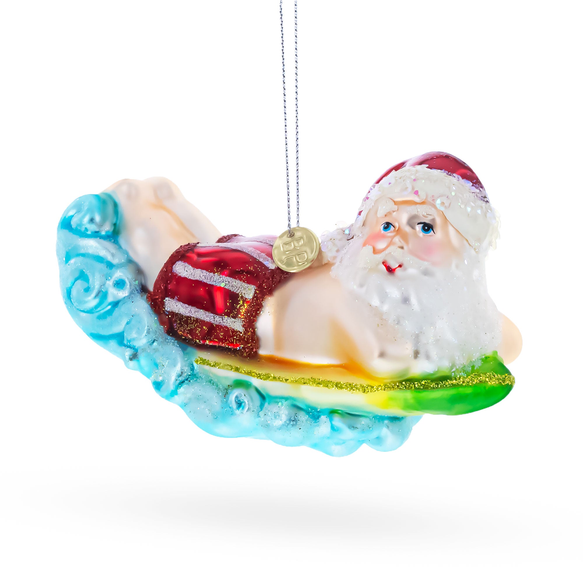Surfing Santa Glass Christmas Ornament in Multi color Figurine