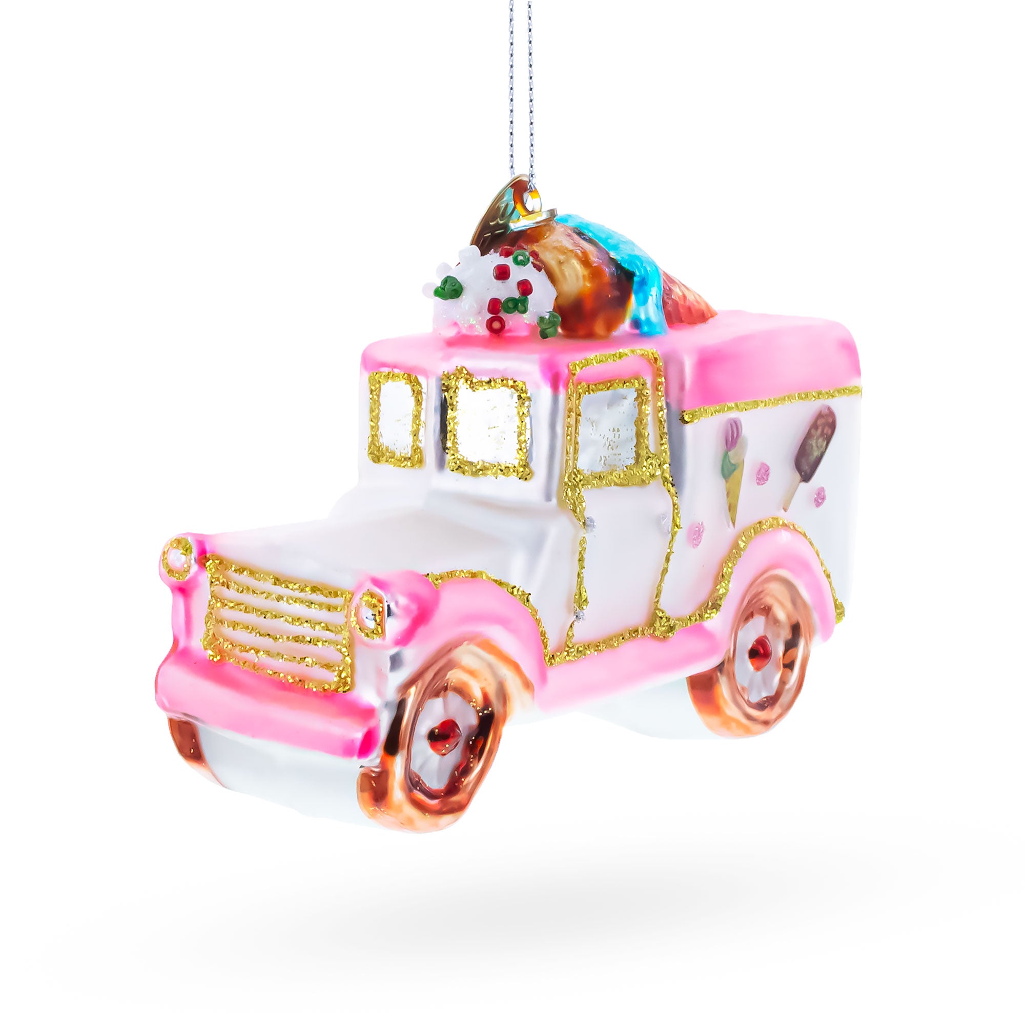 Ice Cream Truck Glass Christmas Ornament in Pink color Figurine