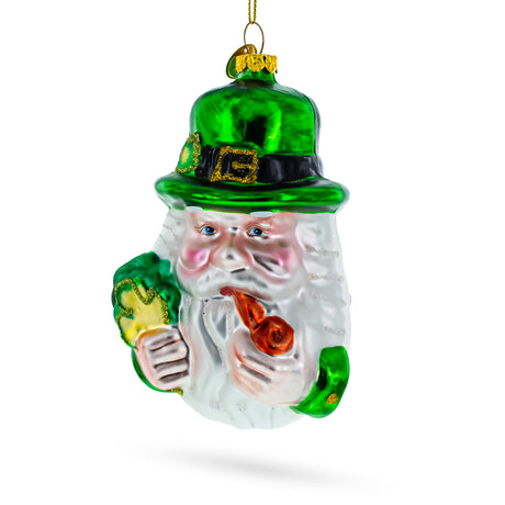 Irish Santa Holding a Pipe with Green Hat - Exquisite Blown Glass Christmas Ornament in Green color,  shape
